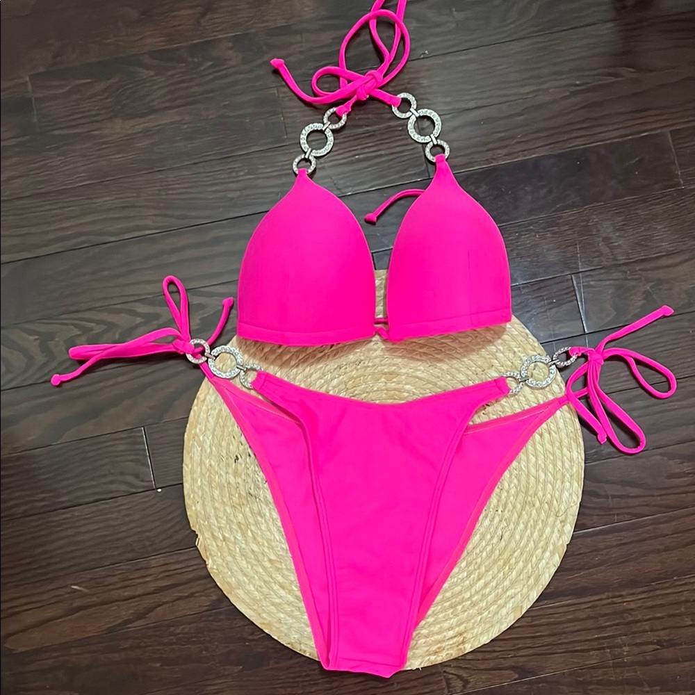 Women’s Swimwear Bikini  Set in Vibrant Pink With Rhinestones Detailing Size L